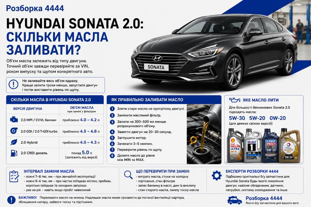 Hyundai Sonata 2.0 сколько масла заливать? - фото 1